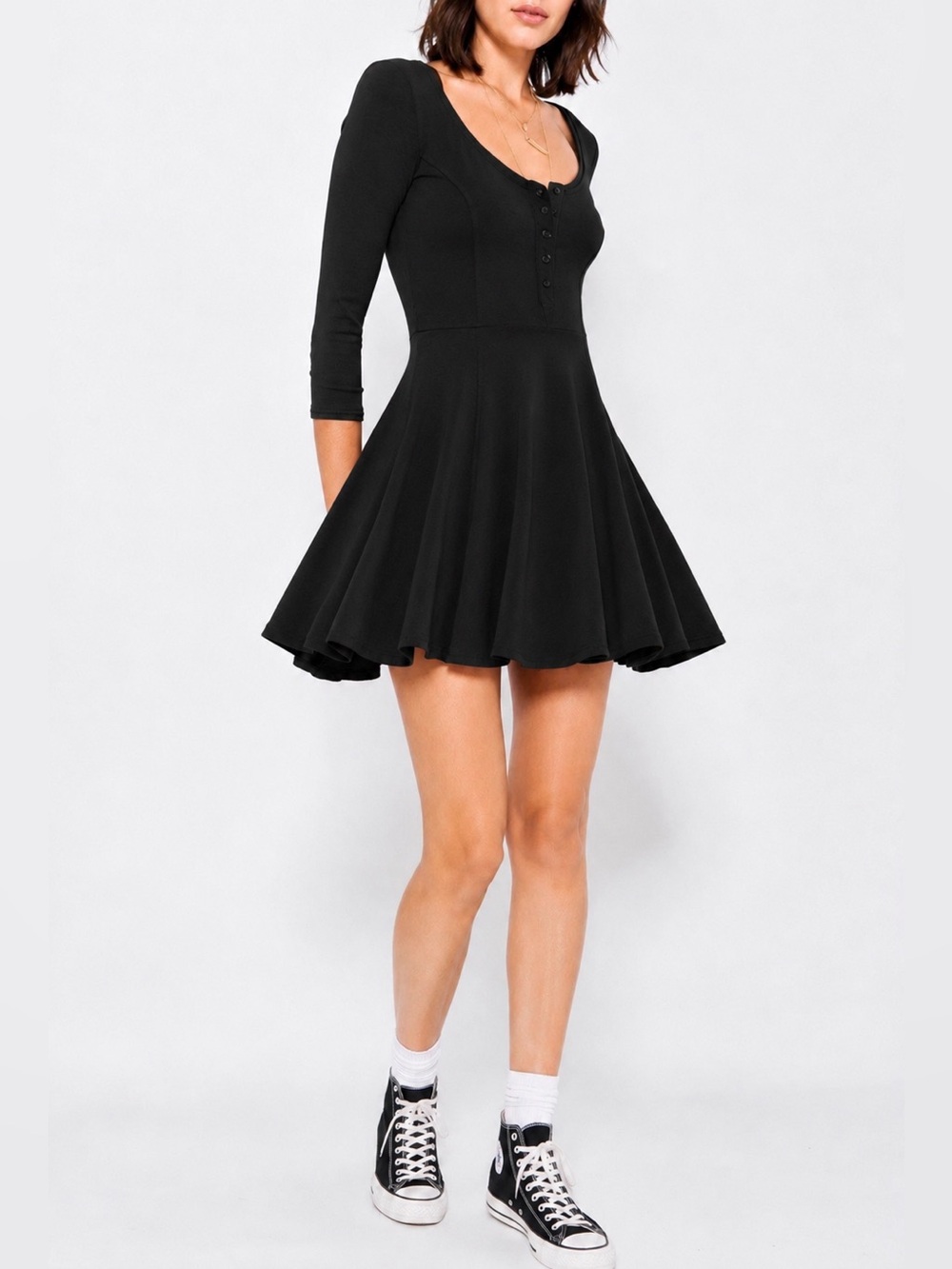BDG Black Scoop-Neck Long-Sleeve Fit-and-Flare Dress